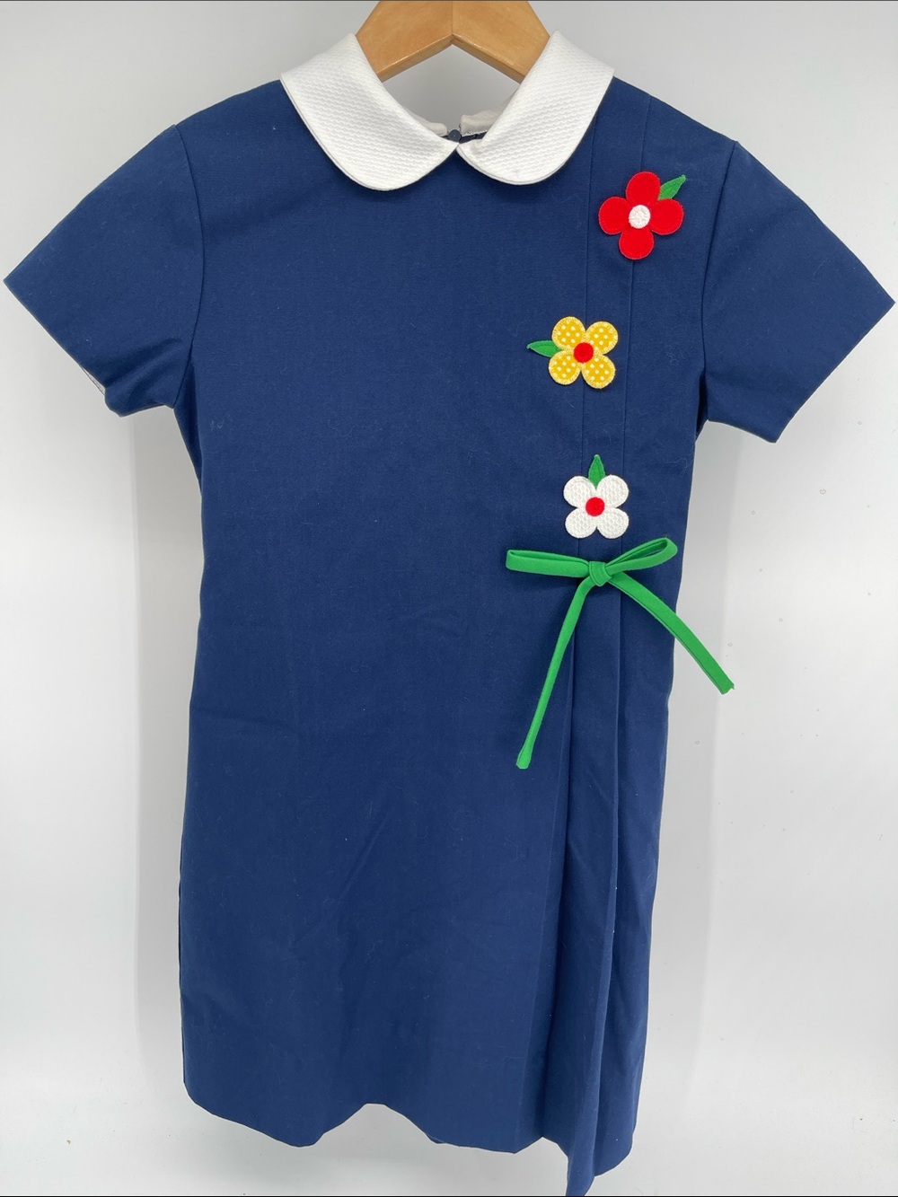 Vintage Sylvia Whyte Navy Girl’s Dress Peter Pan Collar Appliqués Size 8